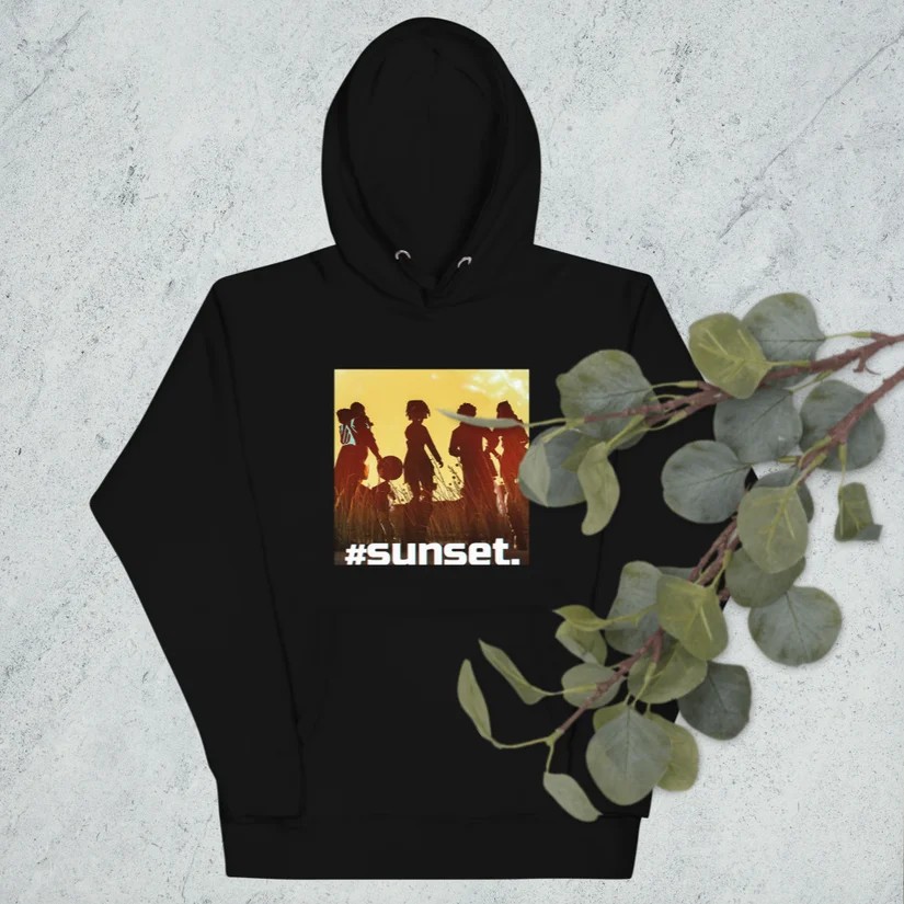 Unisex hoodie in black, printed with the #sunset. cast silhouettes