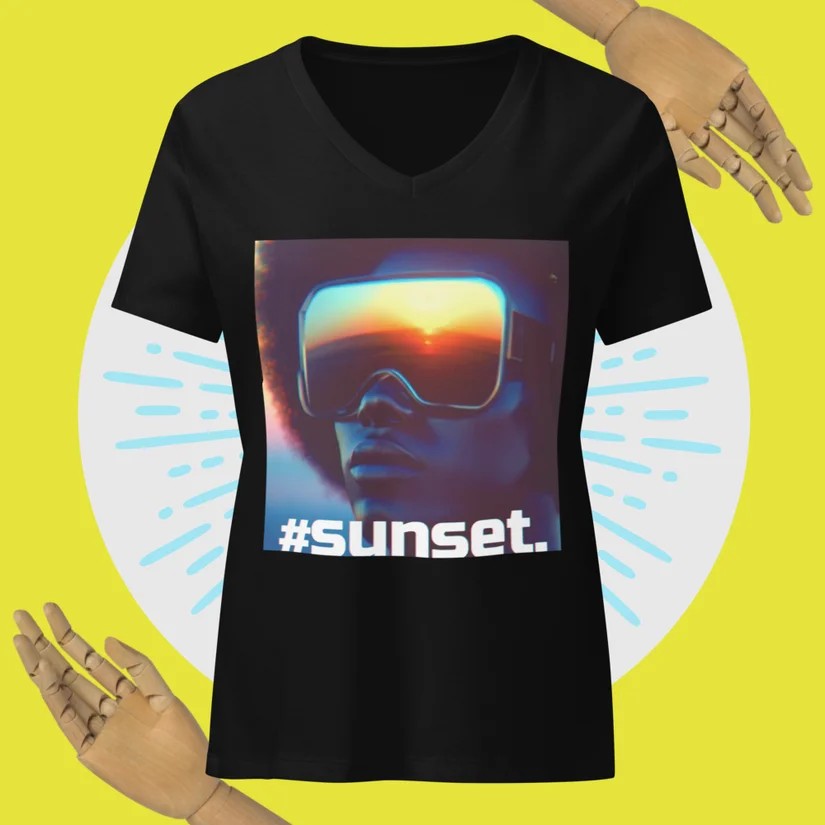 Women's relaxed v-neck t-shirt in black, printed with the #sunset. VR headset poster